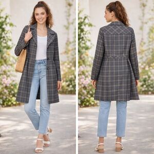 Nordstrom Susina Plaid Lightweight Jacket Babydoll Coat Brown Rust Grey Gold | M